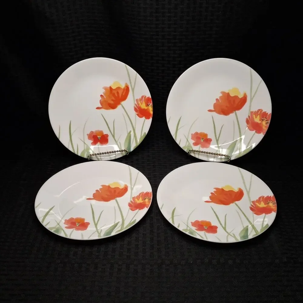Vintage Corelle Kalypso Poppy Luncheon Plates Set of 4 Discontinued Pattern